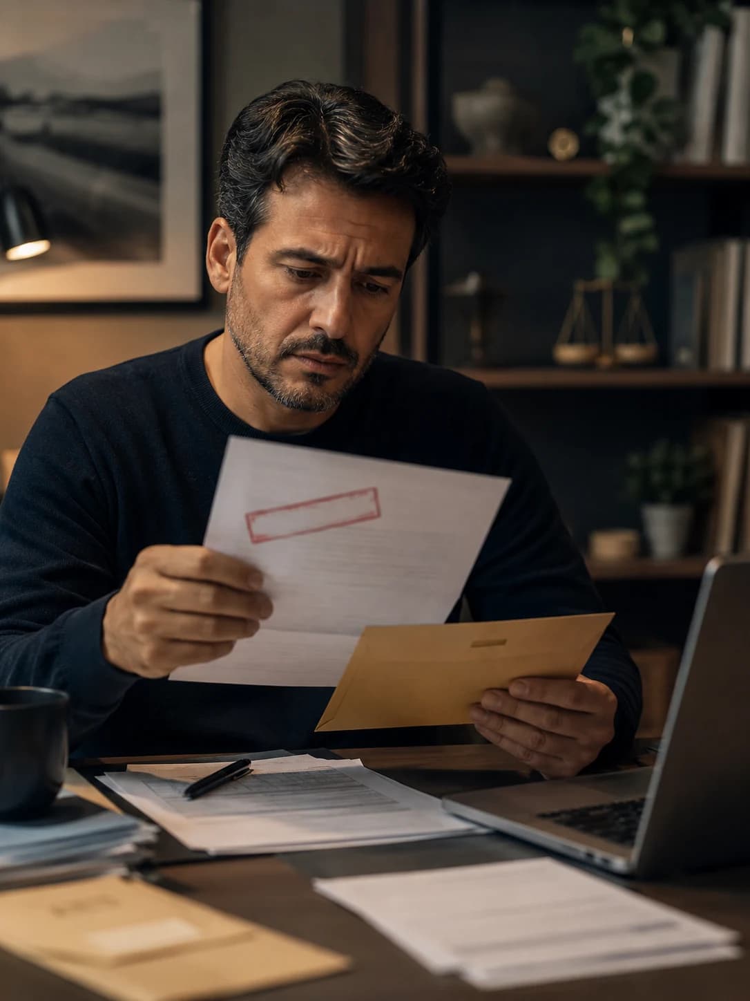 Homem analisando documentos após uma negativa de benefício